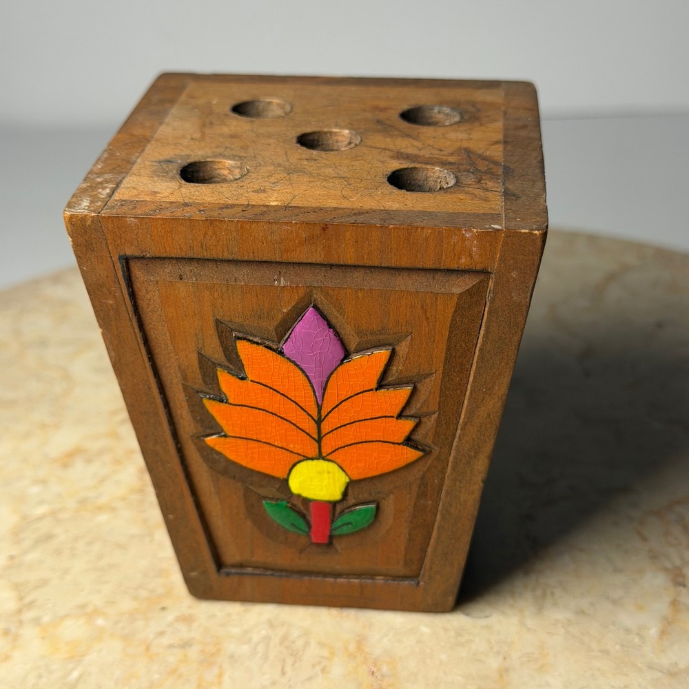 Vintage El Salvador Hand Painted Wood Pencil Holder Brown Folk Art Bird Flower